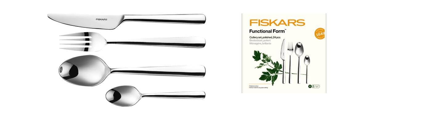 Fiskars Besteck-Set, 24-teilig, Functional Form, 6 Messer, 6 Gabeln | 6 Löffel und 6 Teelöffel, Edelstahl 18/10, Silber/Poliert, Geschenkbox, 1071623