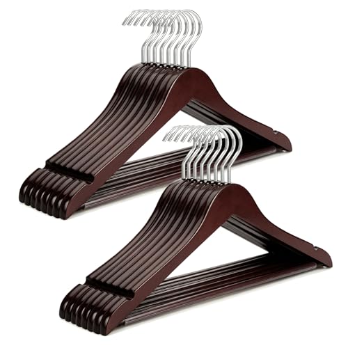 TOPIA HANGER Luxury Wooden Suit Hangers for Closet - Cherry Wood With Extra Thick Hook and Non-Slip Pants Bar, Heavy Duty Coat Hangers With Notches for Shirts - 16 Pack CT01M