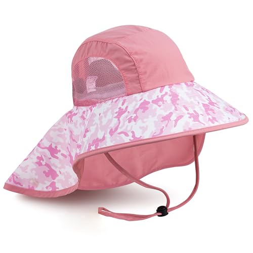Image of Kids Sun Hat UPF 50+ Boy Girl Protection Hat Wide Brim Beach Hats with Mesh and Adjustable Chin Strap