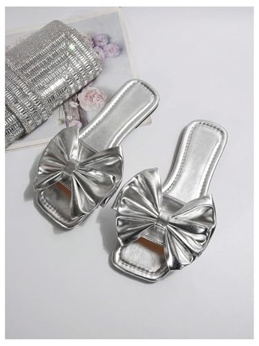 Image of GORGLITTER Women's Gold Sandals Dressy Cute Summer 2026 Bow Square Toe Trendy Beach Boho Wedding Vacation Slides Shoes