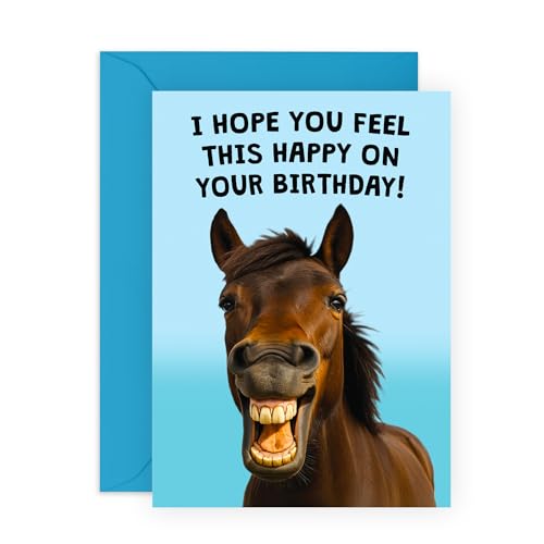 Smiling Horse Birthday Card - Feel this Happy - Cute Greetings for Him, Her, Ladies, Friends, Bestie, BFF, Son, Daughter, Niece, Nephew, Girlfriend, Fiance, Wife, Colleagues - Comes with Fun Stickers