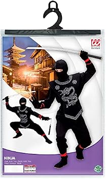 Costume Ninja Enfant – Manteau, Pantalon, Masque, Ceinture, Bandes – Déguisement Carnaval Noir Taille 140 Cm