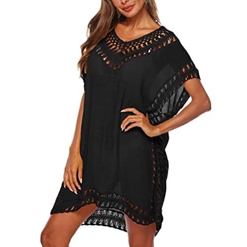 Minetom Damen Strandkleid Spitze Bikini Cover Up Sexy Strandponcho Oversize Sommerkleider Strandurlaub Badeanzug Pareos Crochet Tunika B Schwarz Einheitsgröße