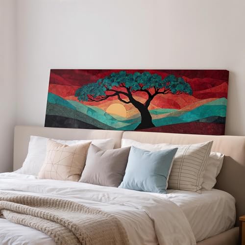 Silhouette d'arbre au coucher du soleil toile zen rouge turquoise