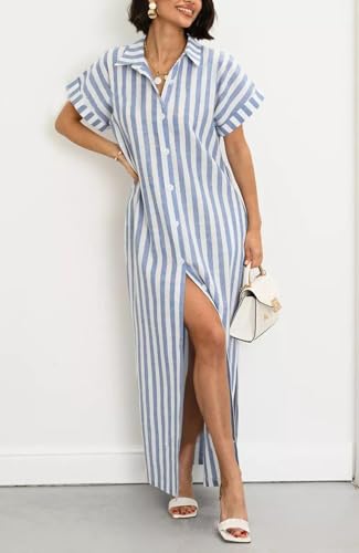 Image of utcoco Women's 2025 Striped Short Sleeve Cotton Maxi Shirt Dress Belted Side Slit Button Down Dress with Pockets