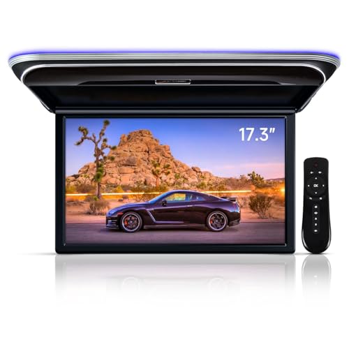 ZBARK 17.3 Inch Android Car Flip Down Overhead Monitor Ceiling Wide IPS Screen 1080P Android System 8K Video Built in Speakers Support Bluetooth 5.0 WiFi HDMI USB