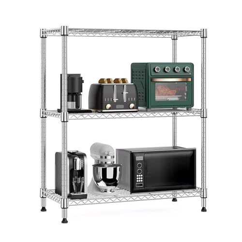Image of Premium Heavy-Duty 3-Tier Chrome Metal Wire Storage Rack Shelf Organizer | Adjustable Multipurpose Freestanding Shelving Unit for Home, Office, Kitchen | Size 17 inch D x 27 inch W x 30 inch H Inch