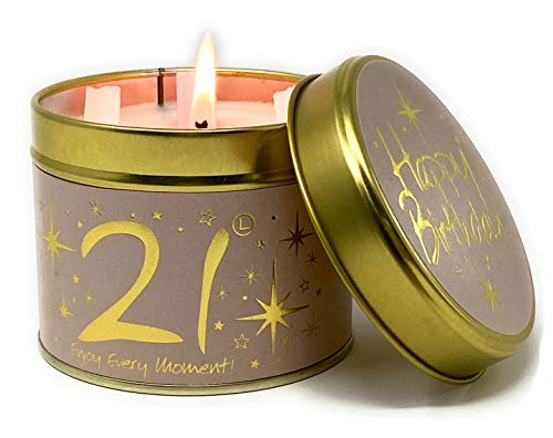 Image of Lily Flame Happy Birthday 21st Scented Candle Tin - A Warm, Sweet Powdery Scent with Gold on Powder Pink - Cruelty Free and Vegan Friendly