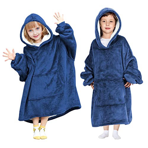 Wearable Blanket Hoodie For Kids， Oversized Sherpa Blanket Sweatshirt Super Soft Cozy Kids Wearable Blanket Gifts Fits For 5-14 Year Boys Girls (Navy) #TOP4
