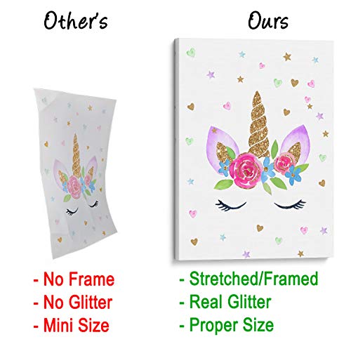 Something Unicorn - Stretched/Framed, Ready To Hang Canvas Wall Art. Super Cute Water Color Unicorn Prints For Nursery Or Girl's Bedroom Decor. Set Of 3. 12X16In - Gold Glitter Unicorn Original #TOP5