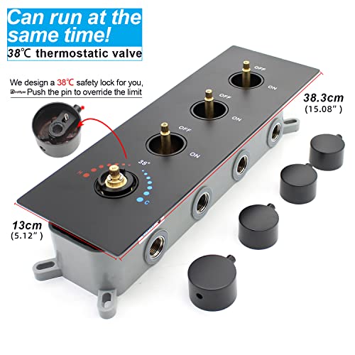 Matte Black Shower Body Spray System, 16 Inch Ceiling Thermostatic Rain Shower Faucet Set Complete With 3 Pcs Large Jets Sprays Can Use At The Same Time #TOP3