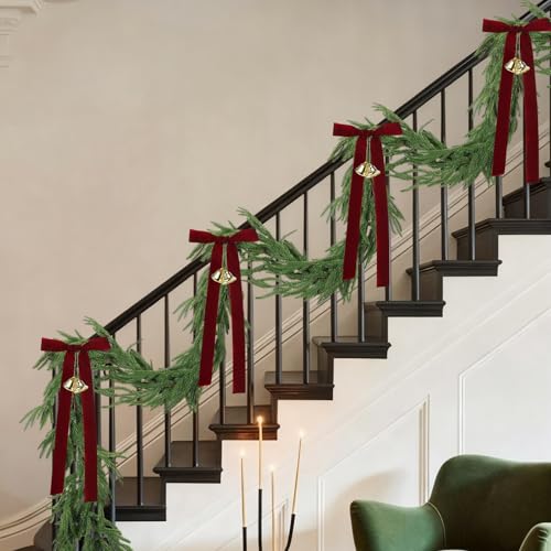 Chunful 16.4 ft Extra Christmas Garlands with Red Velvet Ribbons and Bells Artificial Norfolk Pine Needle Greenery Garland for Stairs Indoor Outdoor Wall Table Mantle Fireplace Xmas Decor by Chunful - Used condition - US$7.91