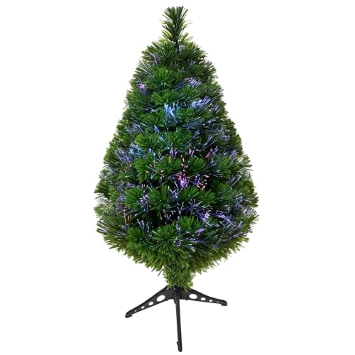 HOMCOM Albero di Natale a Fibre Ottiche 90cm con 90 Folti Rami in PVC, Decorazione di Natale con Luci di 4 Colori