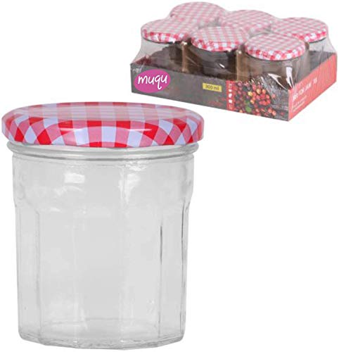 MUQU Set of 6 Jam Jars, 300ml | Wide Mouth Glass Preserve Pots | Screw Top Red Gingham Lids | Airtight Pickle Jars | Marmalade Jam Chutney Jars