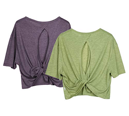 icyzone Open Back Workout Top Shirts - Yoga t-Shirts Activewear Exercise Crop Tops for Women(Pack of 2) (S, Plum Purple Sweet Pea)