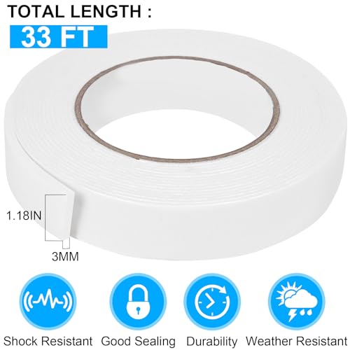 Image of ToLanbbt Double Sided Foam Tape 1.18In x 33FT, Mounting Tape Heavy Duty, Strong Adhesive Weatherproof Seal Strips for DIY Craft Picture Poster, Car & Gap Filling Mountings, Home Office Decor (White)