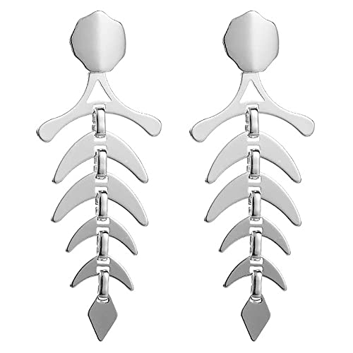 Pendientes colgantes minimalistas de hueso de pescado para mujeres y niñas, plateados, pulidos, únicos, animales, esqueleto, aretes de tuerca de moda, regalos de joyería de Navidad y cumpleaños, Metal