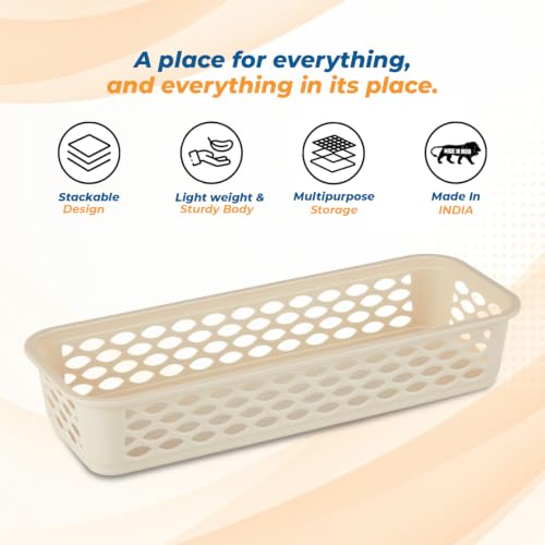 Image of RATAN PLASTICWARE Diana Tray Rectangular-Narrow (Pack of 6) Plastic| 31.9 Cm X 12.2 CmX 6.1 Cm | Storage for Desk Basket /Organizers for Stationery, Jewellery, Tools,Kitchen, Office- Beige