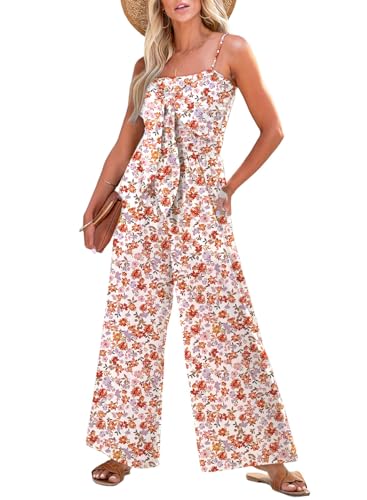 Dokotoo Jumpsuits for Women 2026 Fashion Spaghetti Strap Women's Boho Overalls Casual Loose Floral Tie Knot Wide Leg One Piece Sleeveless Boho Beach Vacation Rompers with Pockets,Red-Floral X-Large