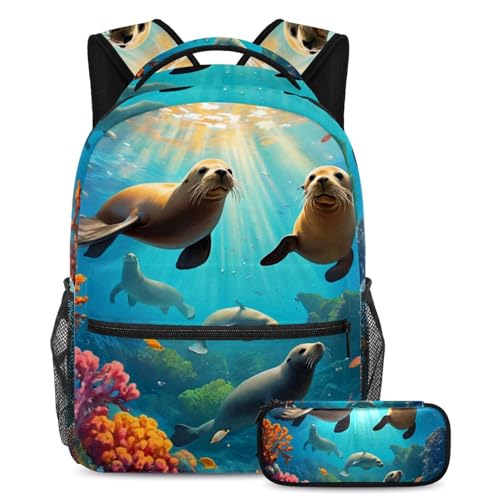Sac à dos et trousse à crayons grande capacité adolescents imprimé lion de mer