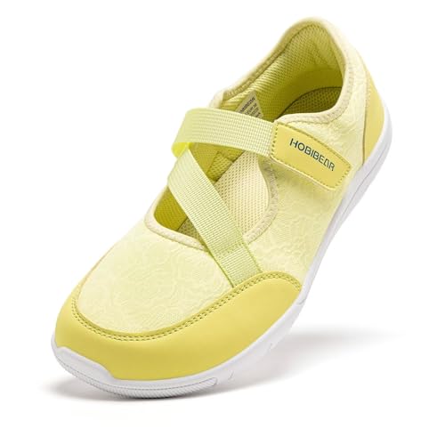 HOBIBEAR Women Barefoot Mary Jane Shoes Wide Toe Zero Drop Minimalist Adjustable Straps Walking Shoes(Yellow,UK 5)