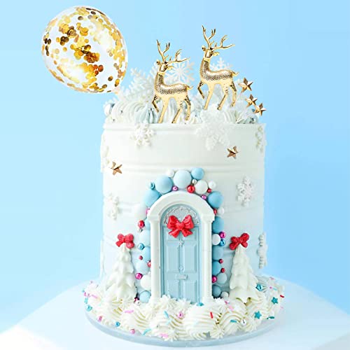 25Pcs Snowflake Cake Decorations Gold Deer Cake Topper Christmas Train Cake Toppers Bling Balloon Balls Stars Cake Decorations For Christmas Party Snowflake Birthday Party Winter Frozen Themed Party #TOP3