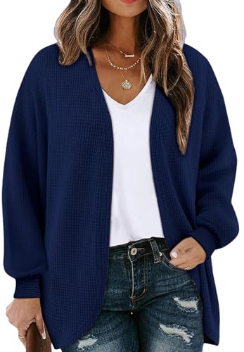 Chicrise Cardigan Damen Lang Frühling Strickmantel Elegant Leichte Grobstrickjacke 2025 Lässige Dunkelblau Groß 42-44 L