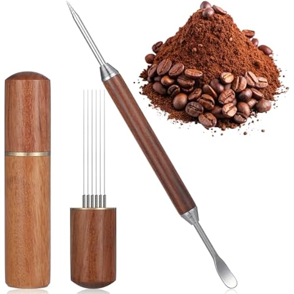 Sibba Mieszadło do kawy espresso, 6 igieł, narzędzie do espresso WDT, narzędzie do dystrybucji z naturalnego drewna i podstawą, mieszadło do kawy, stal nierdzewna, sztyft barista narzędzia do