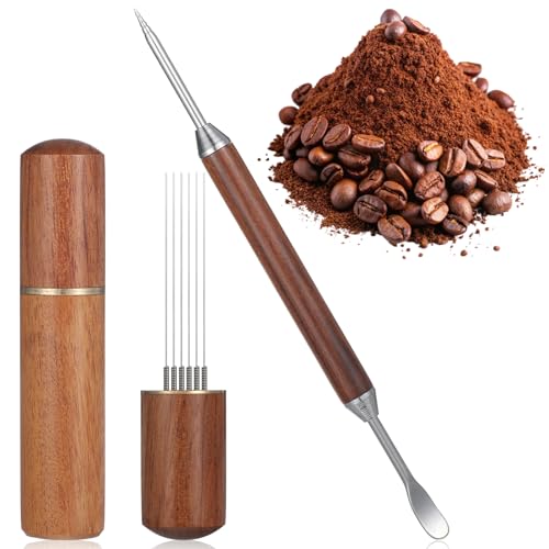 Sibba Espresso Kaffee Rührer 6 Nadeln, Espresso WDT Werkzeug Verteilungswerkzeug mit Naturholzgriff und Basis, Kaffee Rührer Edelstahl Latte Art Stift Barista Werkzeuge Kaffeemaschinen Zubehör