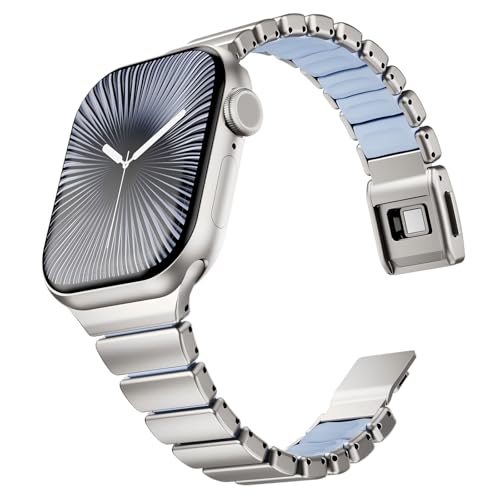 Image of Magnetic Slim Metal Band Compatible with Apple Watch Bands for Women Series 11 10 46mm 45mm 44mm 42mm SE 9 8 7 6 5 4 38mm 40mm 41mm 3 /2 /1,Luxury Stainless Steel Strap Silicone Link For iwatch