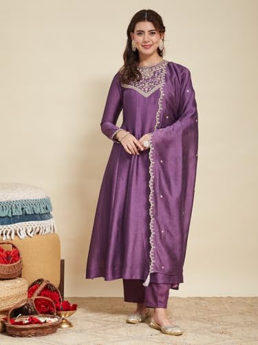 Image of MOKOSH Women's Embroidered Silk Anarkali Kurta Pant with Dupatta | Anarkali Kurta Set | Embroidered |Occasion & Festive Traditional | 3 Piece Outfit