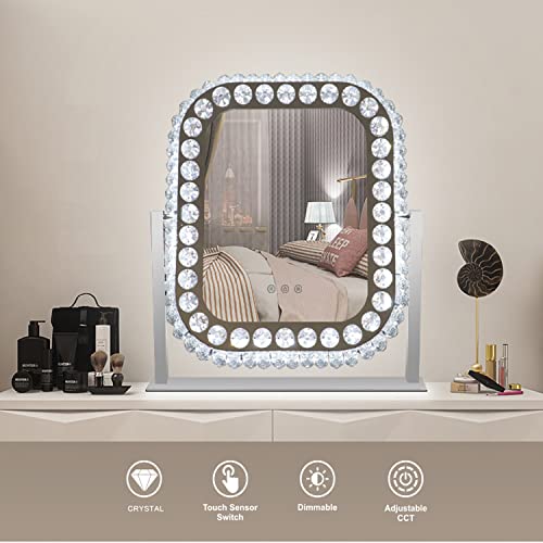 Vanity Mirror With Lights,Large Square Crystal Makeup Mirror With Lights,Hollywood Lighted Mirror For 3 Colors&Touch Dimmable 360°Rotating Tabletop Mirror For Bedroom,Led Light Up Mirror For Desk #TOP1