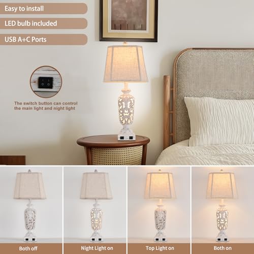 Liyicha Living Room Lamps Set Bedside Lamp Farmhouse Rustic Lamp Bedroom for Nightstand Lights Set of 2 with USB A+C Ports Palace Lampshade (White Wash,28-in High) by Liyicha - Used condition - Image 3
