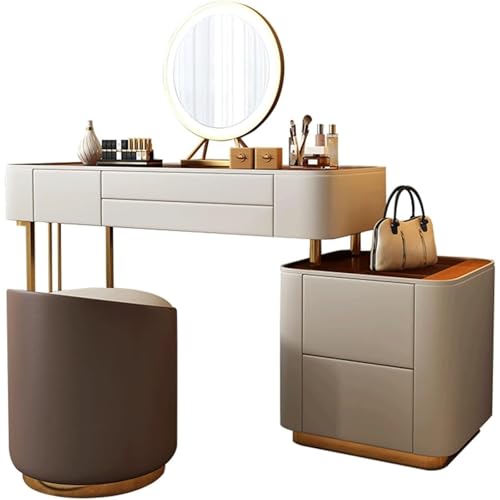 XZDEAIR Robusto Tocador de Mesa de Vidrio Templado, Juego de tocador de Maquillaje Multifuncional con Espejo con luz LED, mesita de Noche, tocador Mesa