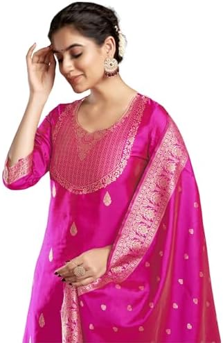 SIRIL Women's Rayon Viscose Banarasi Jacquard Zari Woven Straight Kurta Pant with Dupatta Set, Rani Pink, M