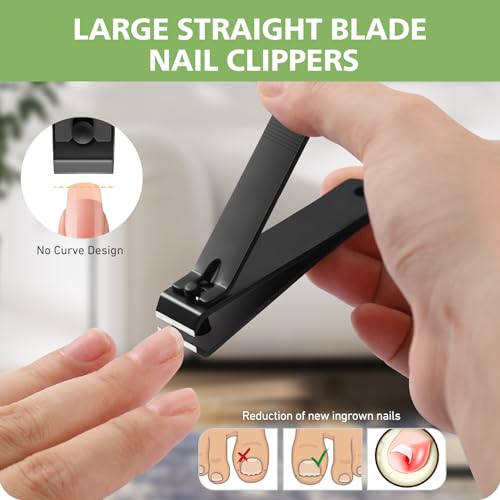 Heavy Duty Straight Blade Nail Clippers for Thick Toenails, Professional Stainless Steel Fingernail Toenail Clippers Trimmers - Thick Wide Jaw Toe Nail Clippings for Seniors, Men & Women (Black)