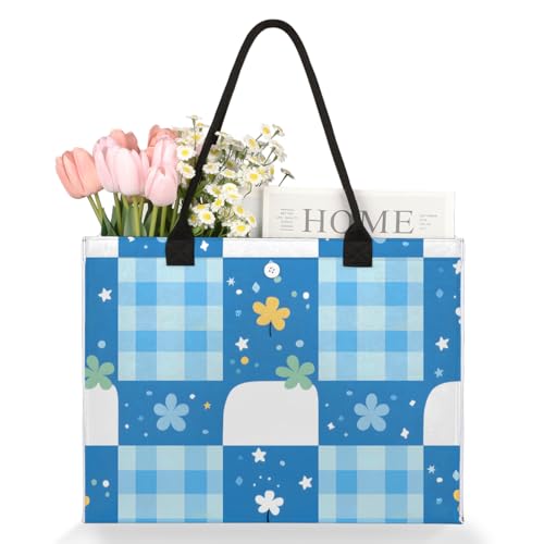 Blue Flowers Plaid Tote Bag for Women Large Beach Bag Reusable Tote Bags for Work Travel Beach Shopping3