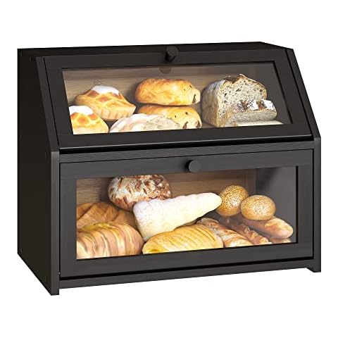 Farmhouse Bread Box for Kitchen Countertop Bread box Double Layer Bamboo Wooden Extra Large Capacity Bin Kitchen Food Storage Container(Black) Cover