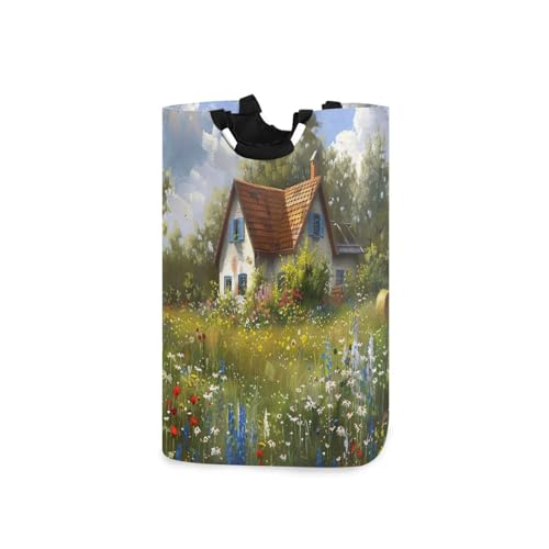 Jihqo Laundry Hamper Basket Beautiful Countryside House Collapsible Nursery Storage Bin Waterproof Clothing Baskets for Home Bedroom Bathroom Washing Room