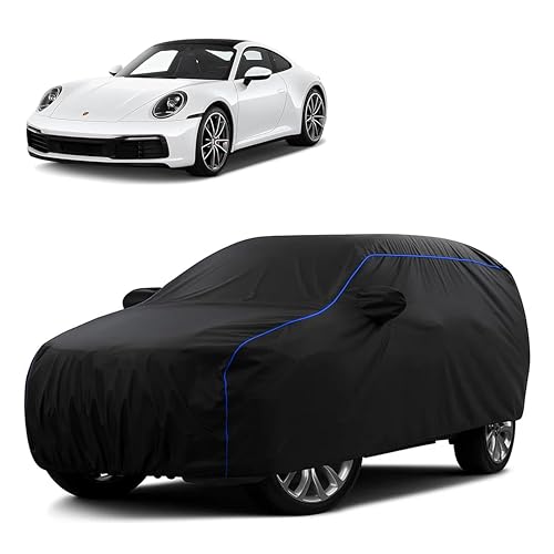 Image of Sulfar 100% Water Resistant Car Body Cover Compatible with Mirror for Porsche 911 (Triple Stitched, Full Bottom Elastic, Black Tafetta with Blue Piping)