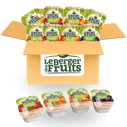 LE BERGER DES FRUITS | 24 barquettes de confiture assortie : Prune, Pêche, Abricot et Fraise | Portions Individuelles de 20 grammes à emporter partout