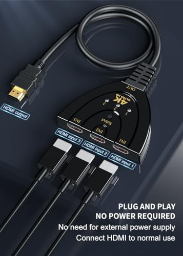 Alanph 3 Port HDMI Switcher with Cable, 4K HDMI Splitter 3 in 1 Out, Supports Full HD 4K 1080P 3D Player, HDMI Hub for TV Stick,PS4,PC