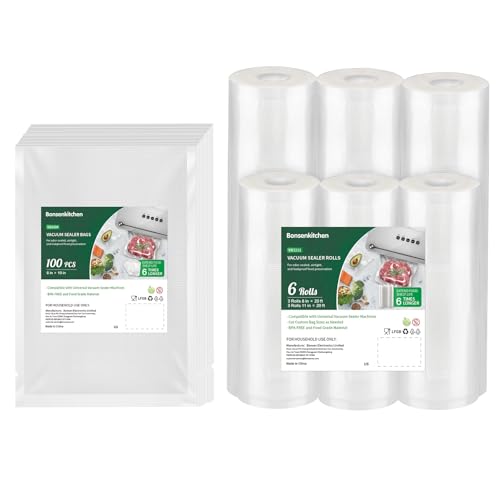 Bonsenkitchen Vacuum Sealer Rolls Bags, 6 Pack 3 Rolls 11" x 20' + 3 Rolls 8" x 20'+ 100 Pint 6" x 10"