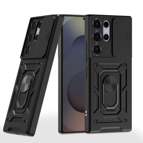 Image of Pikkme Back Cover for Samsung Galaxy S25 Ultra 5G | 360 Protection Case | Sliding Camera Shield Cover & Ring Holder Stand D10 Tough Armor Bumper Case (Black)