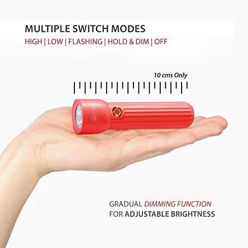 Image of Mr.Light Rechargeable LED Torch Light, USB Type-C Charging, 3 Modes (High /Low /Strobe), Up to 20 Hours Backup, Mini Lightweight Pocket Flashlight for Home, Camping, Hiking & Work (Red)
