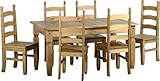 Mesa de comedor extensible de pino encerado con seis sillas de madera maciza