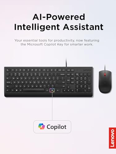 Image of Lenovo Essential Wired Keyboard & Mouse Combo - US English, Adjustable Feet, Spill Resistant Keys, Full Size Ambidextrous Optical Mouse, 1600 DPI, Black