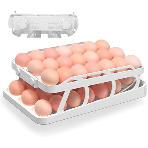 TUSGENK Egg Holder for Fridge, Automatic Rolling Egg Organizer Storage for Refrigerator, 3 Rows Space-Saving Eggs Dispenser with Time Recorder, Large Capacity 45 Eggs Container & Tray (2 Layer,White) Cover