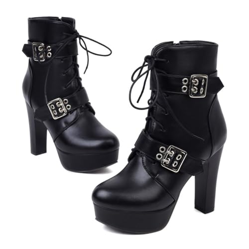 Alyaafifa Lace Up Chunky Heel Combat Boots for Women Platform Ankle Booties Matte Leather Closed Toe High Heel Short Boots with Studs Sexy Vintage Dress Shoes