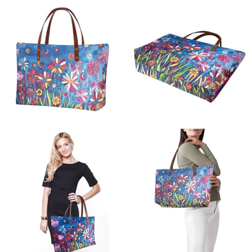 Image of Floral Tote Bag Large Top Handle Purse with Matching Wallet, Purse and Handbag Set for Women Satchel Bag Hobo Bag with PU Cosmetic Bag for Working, Shopping, Blue